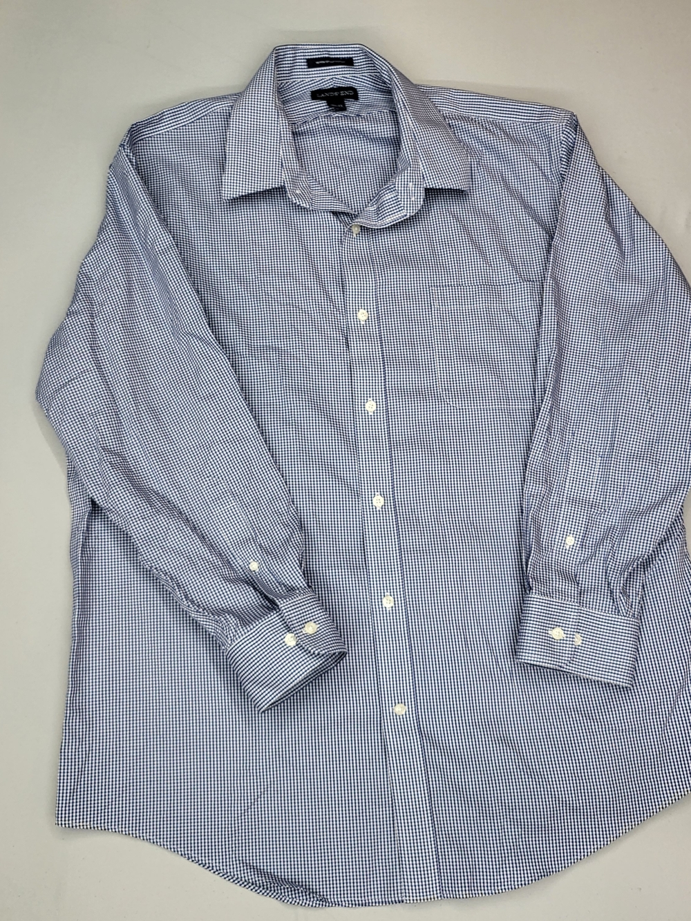 Lands' End Blue & White Micro-Check Dress Shirt